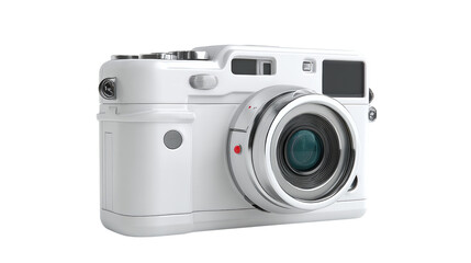 White compact camera with lens detail on an isolated background.