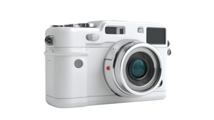 White compact camera with lens detail on an isolated background.