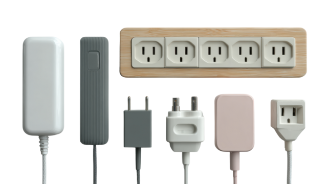 Various power adapters and plugs on a white isolated background.