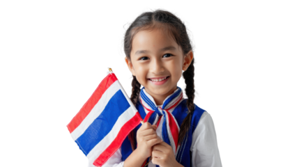 Young girl smiling while holding a flag on white isolate background.