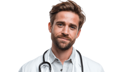 Young male doctor smiling, wearing a white coat, stethoscope around neck, looking confident.