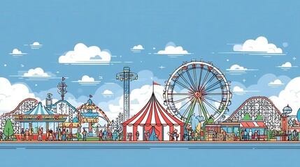 Pixel Art Amusement Park Illustration Ferris Wheel, Roller Coasters, and Circus Tent Under a Sunny Sky