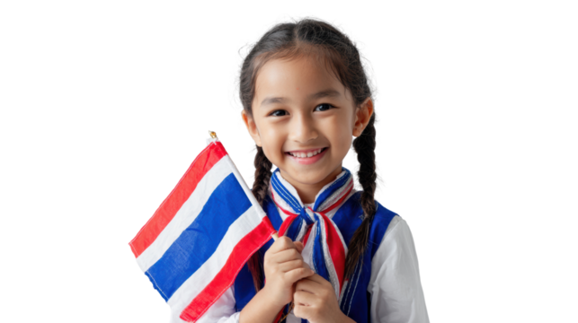 Young girl smiling while holding a flag on white isolate background.