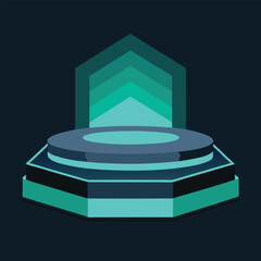 Blue 3D rendered podium illustration with a round success symbol design