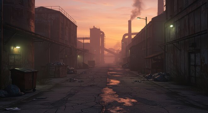 Industrial wasteland at sunset with polluted sky and dilapidated buildings creating a somber atmosphere