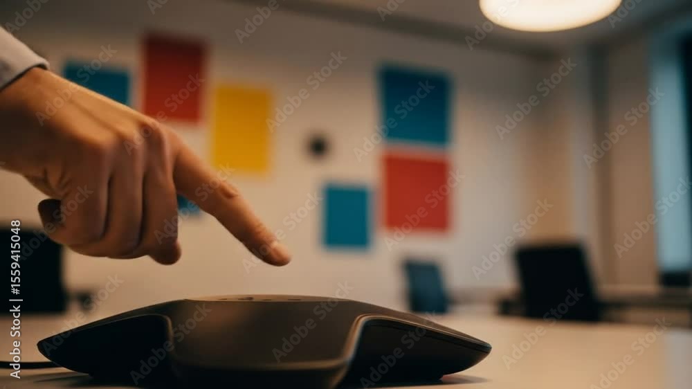 Poster person using modern conference phone device in a colorful office setting with focus on hand interact