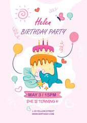 A birthday party invitation with a cake dinosaur  hearts on a light pink background