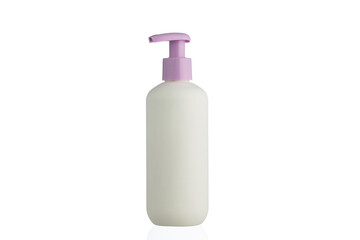 Blank white cosmetic pump bottle with a purple dispenser on white background.
Isolated lotion or soap bottle with pump top for packaging mockup.
