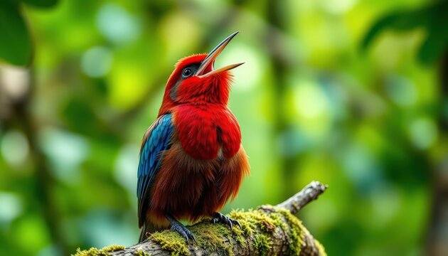 a colorful Chestnut-headed Tesia bird perched on a mossy branch in a lush rainforest