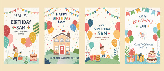 Four birthday invitation templates feature balloons cake gifts and celebratory banners