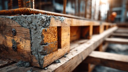 Wood and Cement Structure Detail in Construction Site with Sunlight Glimpse