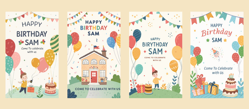 Four birthday invitation templates feature balloons cake gifts and celebratory banners