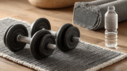 Home Fitness Equipment on Mat with Dumbbells and Water Bottle Arrangement