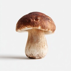 Detailed studio shot showcasing the organic texture and robust form of a single porcini mushroom against pure backdrop
