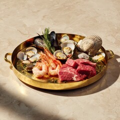 Fresh Sea Delights and Finest Steak Cuts on a Glistening Tray Rich in Color and Texture Combination