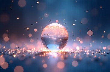 Naklejka premium Glowing Crystal Orb Background with Floating Particles and Cosmic Blur in Indigo and Peach Pastel for Mystical Concepts