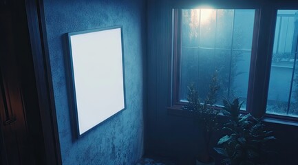Empty framed canvas on a grungy wall in a dimly lit room, with a window