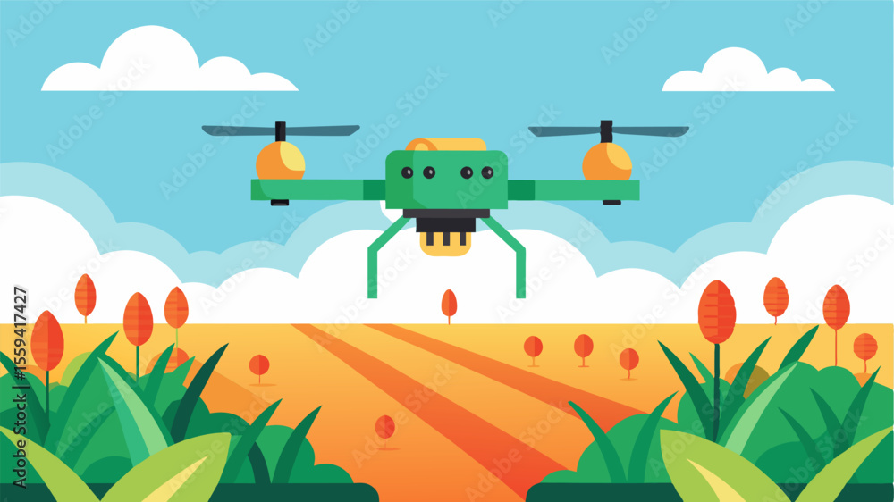Poster a smart drone flying over a field conducting a visual inspection and collecting data on potential pe