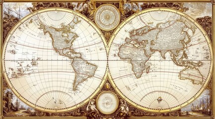 Double-hemisphere world map, ornate frame