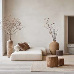 Minimalist living room with sculptural vases, dried branch decor and a amber color palette