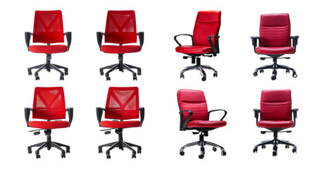 Collection of Modern Red Office Chairs for Professional Spaces, isolated on transparent background