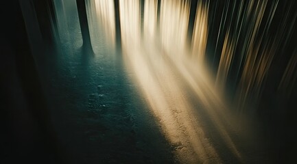 Misty forest path, sunbeams