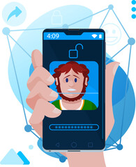 Facial recognition - Face unlock on smartphone with an Irish man