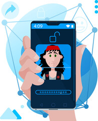 Facial recognition - Face unlock on smartphone with an young stylish man