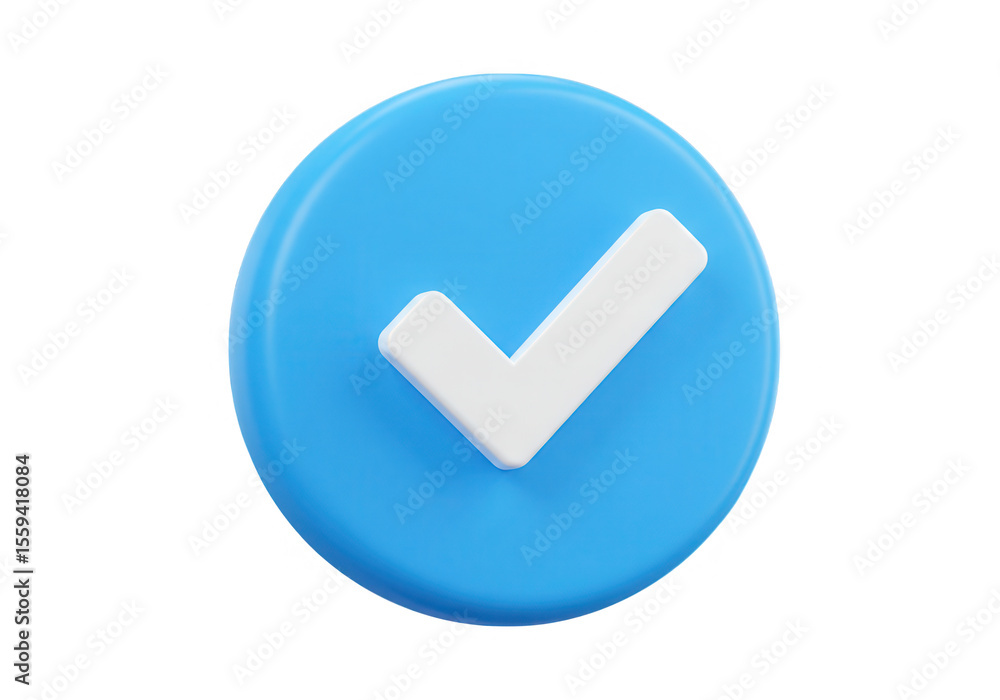 Poster a 3d rendering of a blue circle with a white checkmark, isolated on transparent background