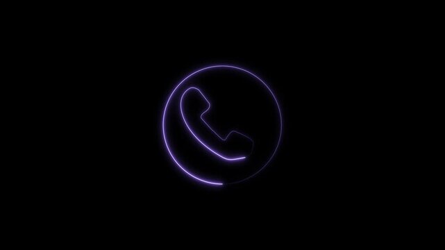 Neon calling animation on black background. Neon light telephone icon animation. 