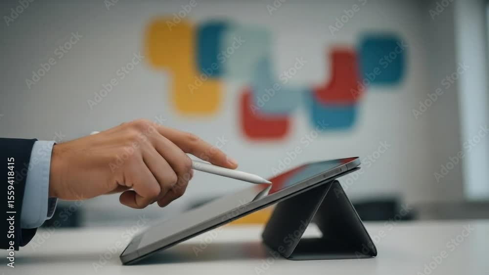 Poster close-up of a person using a digital stylus to interact with a tablet on a desk in a modern office