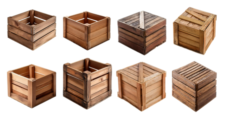 Various Wooden Crates and Boxes for Storage and Decor Use, isolated on transparent background