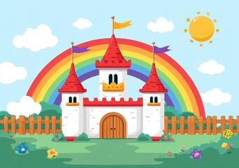 Naklejka premium Whimsical Pixel Art Fairytale Castle Under a Rainbow