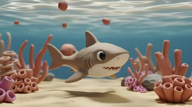 Claymation style baby shark background with handcrafted ocean scene and sculpted coral