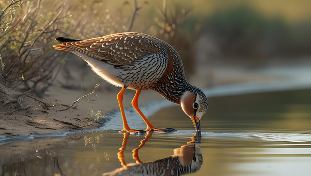A detailed, realistic wildlife photograph of a francolin bird foraging at the edge of a calm body of water