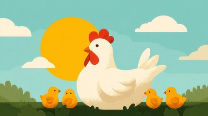 White Hen and Three Yellow Chicks in Sunny Pixel Art Landscape