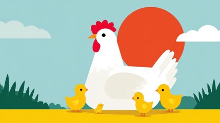 White Hen and Yellow Chicks at Sunset Pixel Farm Scene