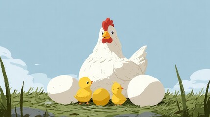 White Hen and Yellow Chicks Amidst Eggs in Pixel Art Style