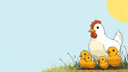 White Hen and Yellow Chicks in Sunny Field