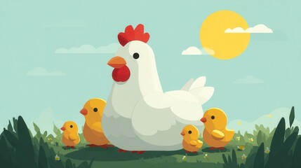 White Hen and Yellow Chicks in Sunny Field Pixel Art Illustration
