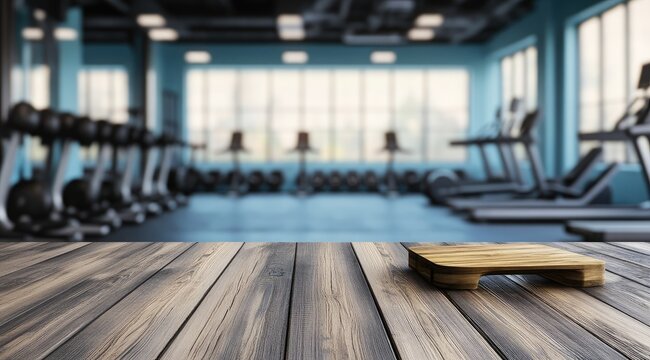 Wooden table in front of a gym - Powered by Adobe