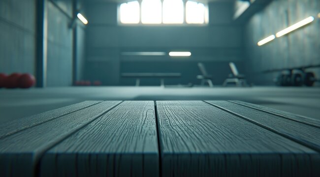 Gray gym interior, wooden table