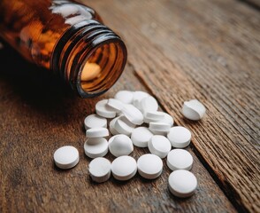 White Pills Spilled from Amber Bottle on Wooden Surface