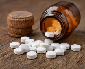 White Pills Spilled from Amber Bottle on Wooden Surface