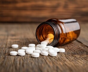 White Pills Spilled from Amber Bottle on Wooden Surface