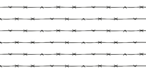 Black thin ink barbed wire  background. Monochrome striped seamless horizontal pattern. Simple flat vector with hand-drawn texture and linear design.
