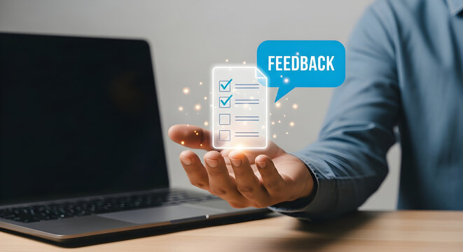 Seamless digital feedback process shown with a hand presenting a virtual checklist and speech bubble.