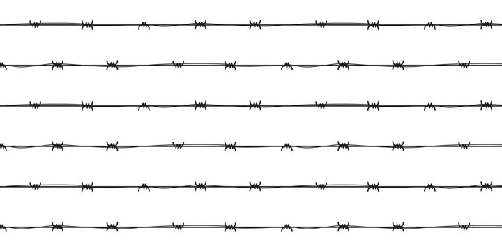 Black thin ink barbed wire  background. Monochrome striped seamless horizontal pattern. Simple flat vector with hand-drawn texture and linear design.