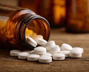 White Pills Spilling from Amber Bottle on Wooden Surface