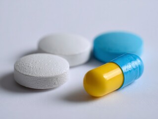 Yellow and Blue Capsule with White Tablets on Gray Background